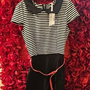 Alt. B NWT Womens Black and White Striped Dress with Red Belt Size Large